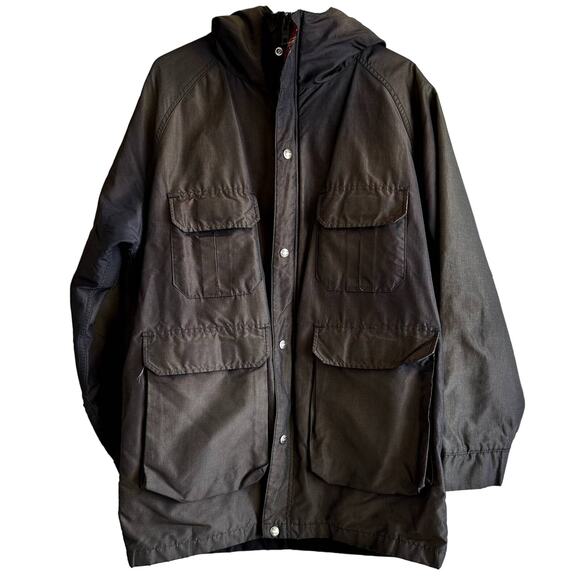 Vintage Woolrich Rain Jacket Plaid Wool Lined Hooded Parka USA Pockets Brown XL
